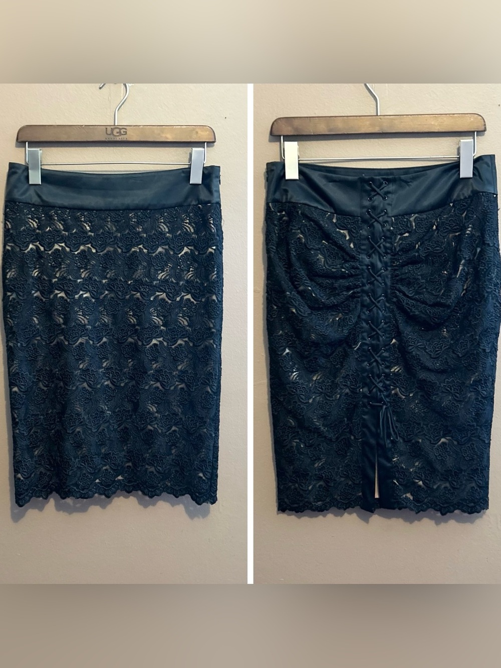 Bebe Straight Pencil Skirt Lace Up Back Satin Women’s Size 8